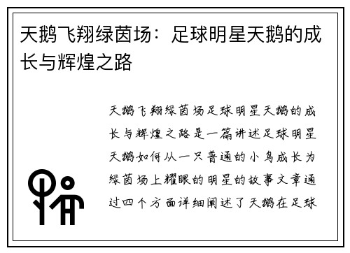 天鹅飞翔绿茵场：足球明星天鹅的成长与辉煌之路